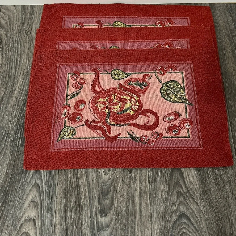 Vintage 90s April Cornell Placemats Cherry Teapot Tapestry Set of 4 Red Cottage